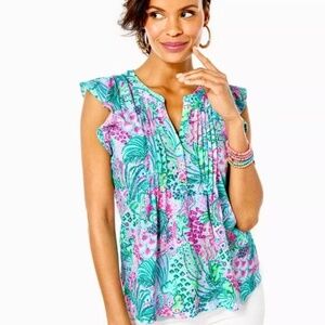 Lilly Pulitzer Golda 100% Cotton Pin-tuck Blouse Top Ruffle Sleeve Resort